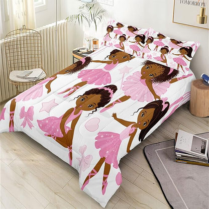 Twin Bedding Sets for Girls, African American Magic Comforter Set with Ballet Dancer, Pink Bed Set for Toddler Kids Teens, Little Girls Bedroom Decor