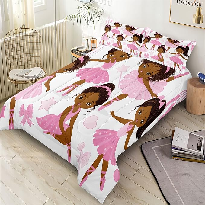 Queen Bedding Sets for Girls, African American Magic Comforter Set with Ballet Dancer, Pink Bed Set for Toddler Kids Teens, Little Girls Bedroom Decor