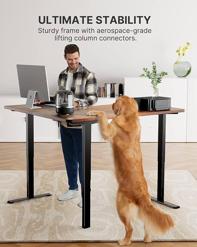 Marsail Corner Stand Up Desk Adjustable Height with 4-in 1 Electical Outlet, L Shaped Electric Standing Desk with Headphone Hook, Stand up Desk for Home Office Sturdy Writing Workstation Rustic