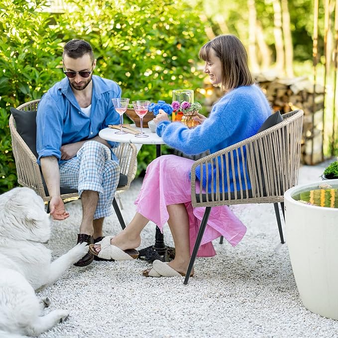 YITAHOME 3-Piece Outdoor Patio Furniture Wicker Bistro Set, All-Weather Rattan Conversation Chairs for Backyard, Balcony and Deck with Soft Cushions, Glass Side Table, Gray Rattan
