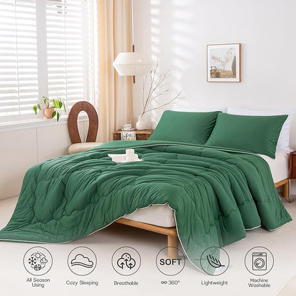 COTTEBED Softness Comforter Set KING Size Bed, Jersey Knit Cotton T-Shirt Feel Ultra-Soft Comy Lightweight Bedding Quilt Blanket Pillowsham All Season, California/Cal King Emerald/Hunter/Forest Green