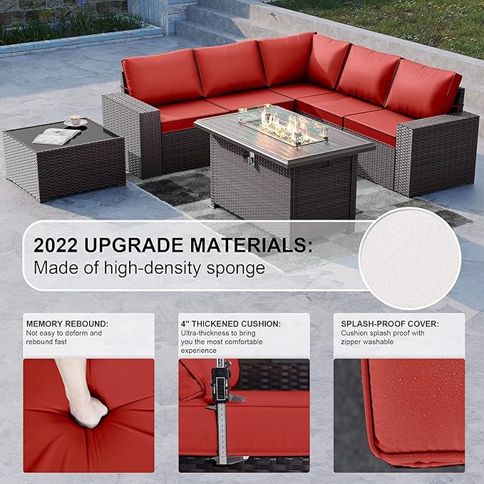 Kullavik 7 Pieces Outdoor Patio Furniture Set with 43" 55000BTU Gas Propane Fire Pit Table PE Wicker Rattan Sectional Sofa Patio Conversation Sets,Dark Red