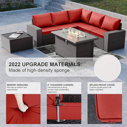 Kullavik 7 Pieces Outdoor Patio Furniture Set with 43" 55000BTU Gas Propane Fire Pit Table PE Wicker Rattan Sectional Sofa Patio Conversation Sets,Dark Red