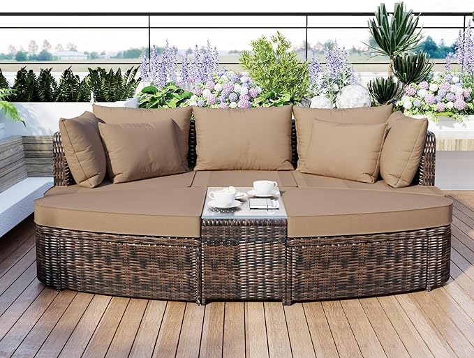 6-Piece Patio Round Sofa Set Rattan Daybed with Coffee Table and Cushions, Outdoor Furniture Conversation Sectional Seating Group for Garden, Poolside, Backyard, Brown
