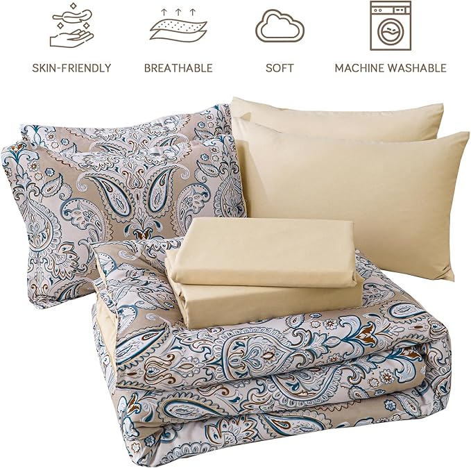Yiran 7 Pieces Paisley Bedding Set Comforter Set Brown Boho Floral Bed in a Bag Microfiber Comforter Queen Size 90"×90"(1 Comforter,2 Pillowcases,2 Pillow Shams,1 Flat Sheet,1 Fitted Sheet)