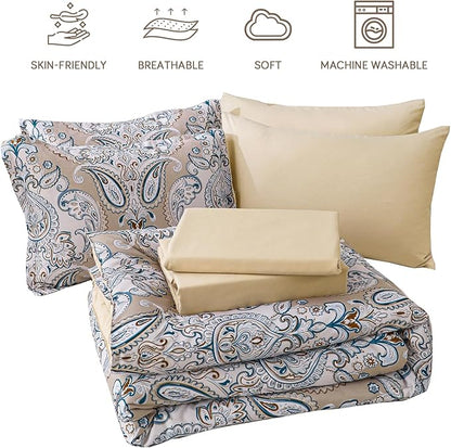 Yiran 7 Pieces Paisley Bedding Set Comforter Set Brown Boho Floral Bed in a Bag Microfiber Comforter Queen Size 90"×90"(1 Comforter,2 Pillowcases,2 Pillow Shams,1 Flat Sheet,1 Fitted Sheet)