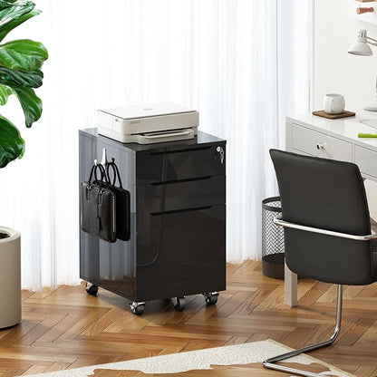 ChooChoo High Glossy File Cabinet with Lock,3 Drawer Rolling Filing Cabinet Fits Legal Size/A4/Letter, Under Desk File Cabinet with Hook for Home Office, Black