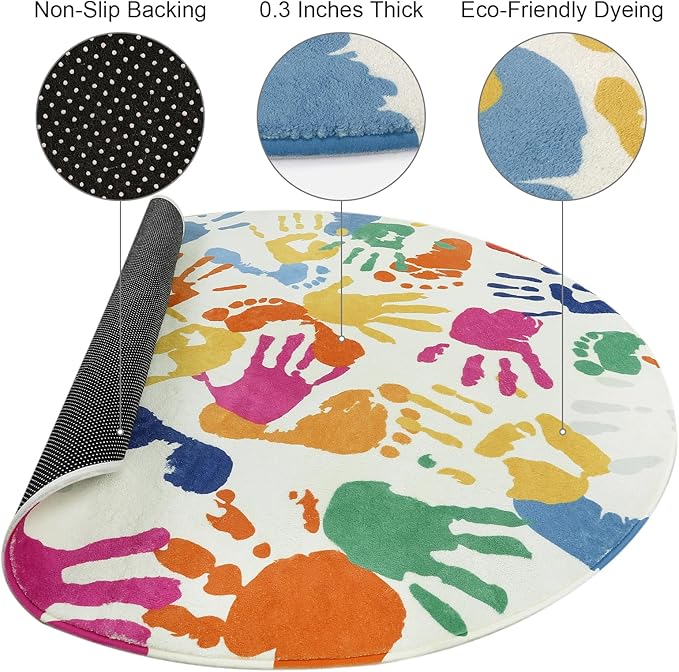Colorful Round Rug for Kids Bedroom, 4'x4' Handprints and Footprints Circle Rug for Playroom, Rainbow Washable Rug for Nursery, Small Circular Carpet for Classroom Dorm Daycare