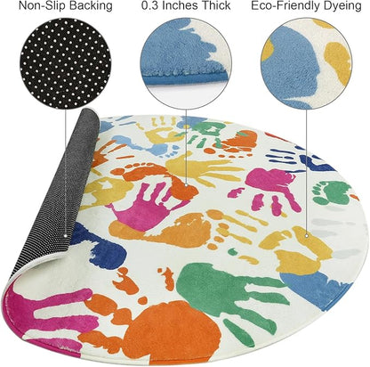 Colorful Round Rug for Kids Bedroom, 4'x4' Handprints and Footprints Circle Rug for Playroom, Rainbow Washable Rug for Nursery, Small Circular Carpet for Classroom Dorm Daycare