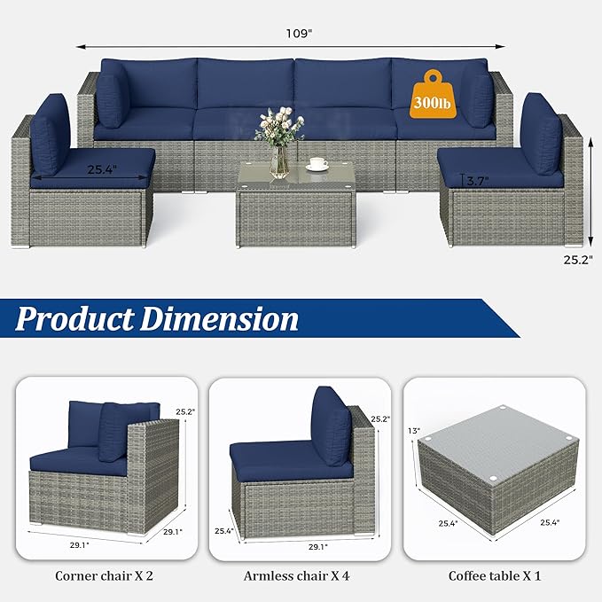 SUNVIVI OUTDOOR 7 Piece Patio Furniture Sets All Weather Gery PE Wicker Couch Sofa with Glass Table, Removable Navy Cushions