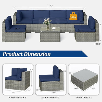 SUNVIVI OUTDOOR 7 Piece Patio Furniture Sets All Weather Gery PE Wicker Couch Sofa with Glass Table, Removable Navy Cushions