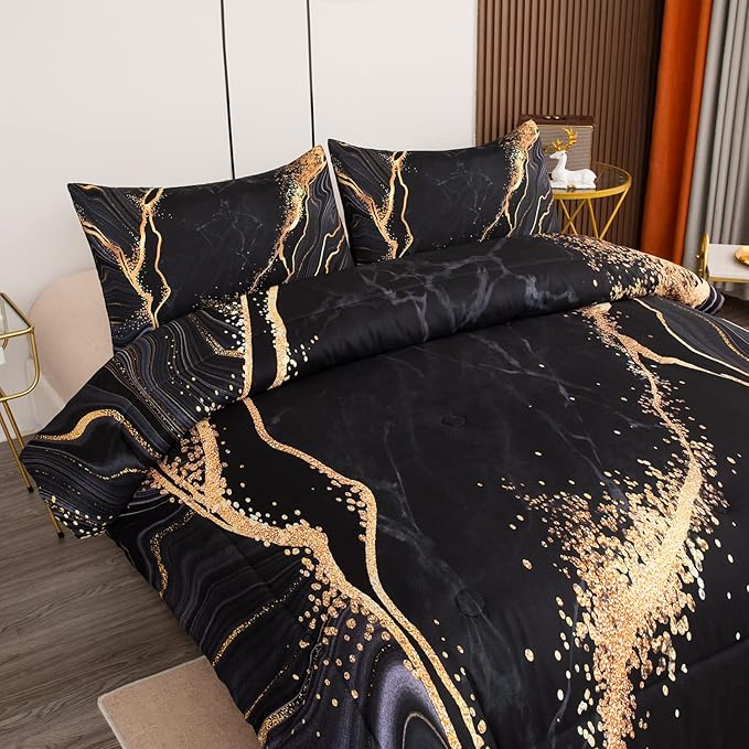 Tailor Shop Marble Bedding Set Soft Microfiber Black and Gold Comforter Set Twin Size for Kids Men and Women with 1 Marble Comforter and 1 Pillowcase