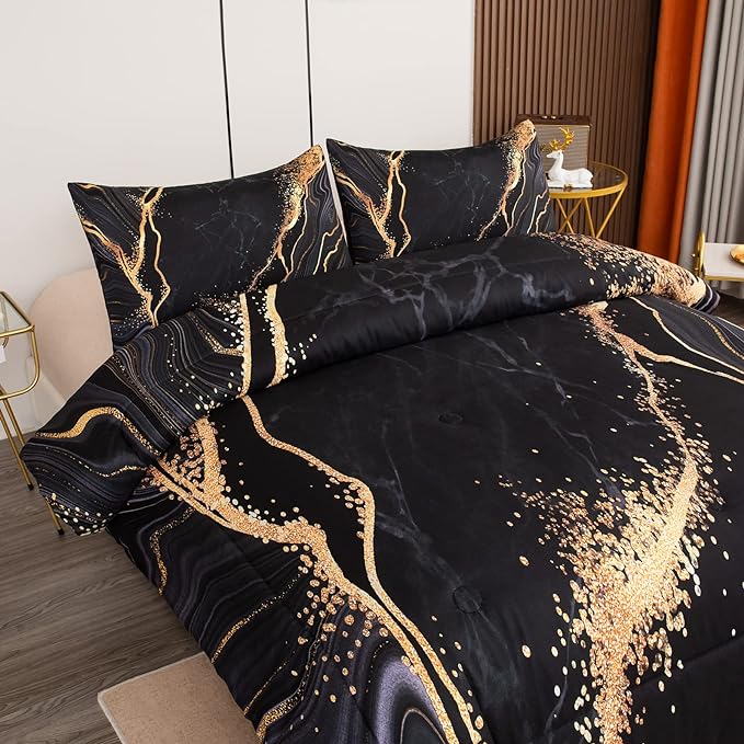 Tailor Shop Marble Bedding Set Soft Microfiber Black and Gold Comforter Set Full Size for Kids Men and Women with 1 Marble Comforter and 2 Pillowcases……