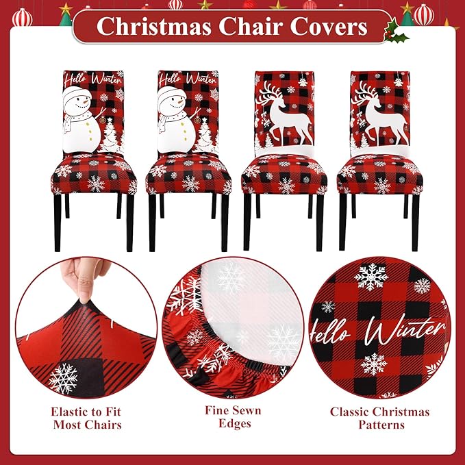 U'Artlines Christmas Chair Covers Set of 4, Removable Washable Merry Christmas Dining Chair Seat Covers Stretch Protector Slipcovers for Dining Room Kitchen Holiday Party Decor, Red Buffalo Plaid