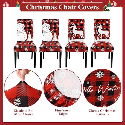 U'Artlines Christmas Chair Covers Set of 4, Removable Washable Merry Christmas Dining Chair Seat Covers Stretch Protector Slipcovers for Dining Room Kitchen Holiday Party Decor, Red Buffalo Plaid
