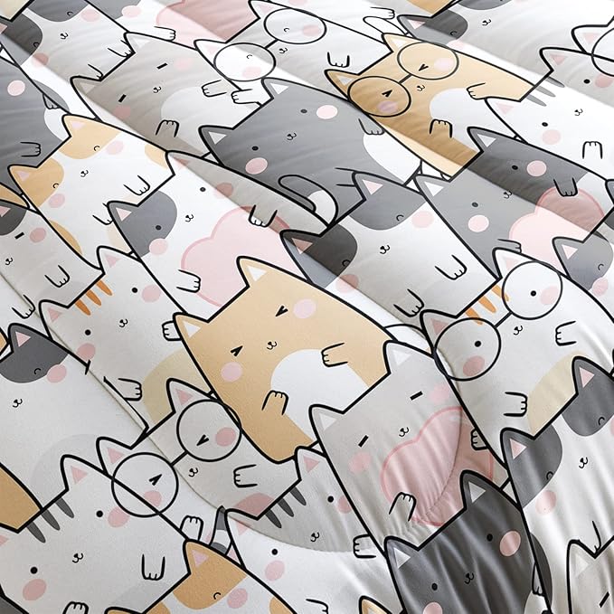 Kawaii Cat Comforter King Size,Cats Comforter Set for Kids Teens Girls Boys,3Pcs Bedding Set Printed Comforter with 2 Pillowcases,Down Alternative,Soft and Lightweight，King Size