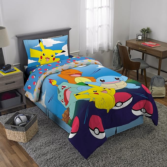 Franco Kids Bedding Super Soft Comforter and Sheet Set, 4 Piece Twin Size, Pokemon (Prints May vary)
