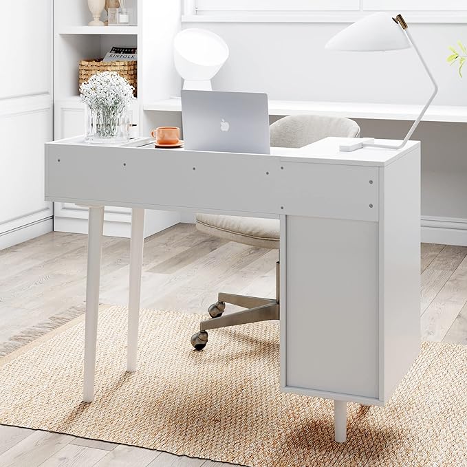 Nathan James Daisy Vanity Dressing Table or Makeup Desk with 4-Drawers and Brass Accent Knobs, White Wood
