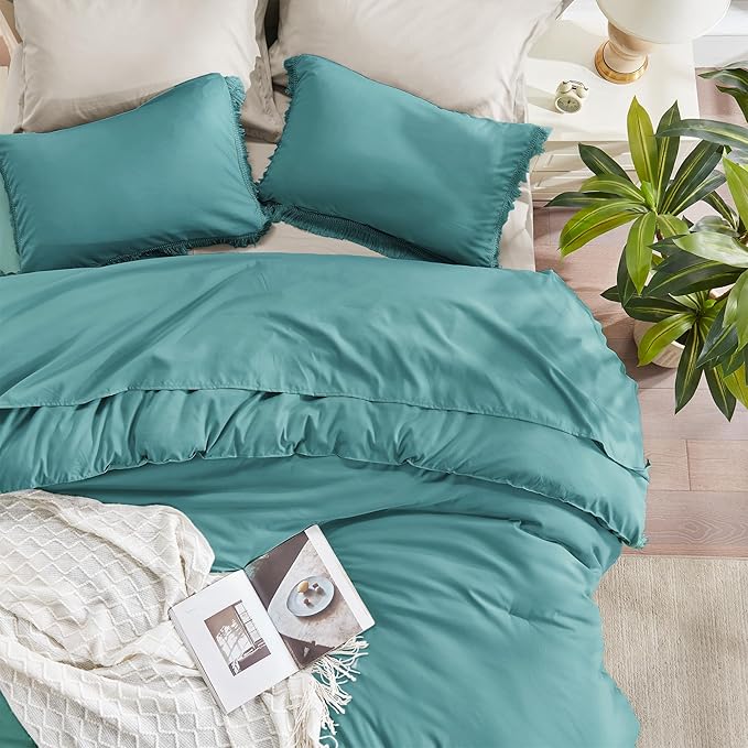 Andency Aqua Tassel Comforter Set Queen(90x90Inch), 3 Pieces(1 boho Comforter, 2 Pillowcases) Farmhouse Shabby Chic Comforter Set, Soft Microfiber Lightweight Fringe Bedding Comforter Set