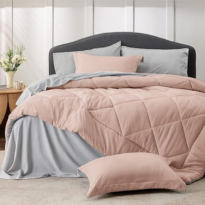 Bedsure Blush Pink Full Size Comforter Set - 7 Pieces Reversible Full Bed in a Bag, Full Bed Set with Comforters, Sheets, Pillowcases & Shams, Peach Pink Full Bedding Sets