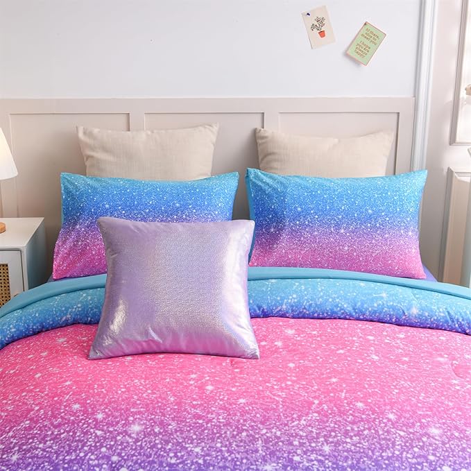 A Nice Night 6Pcs Gradient Glitter Bedding Set for Girls Queen Size, Colorful Rainbow Galaxy Comforter Set, Ultra Soft Bedding Sets, Blue