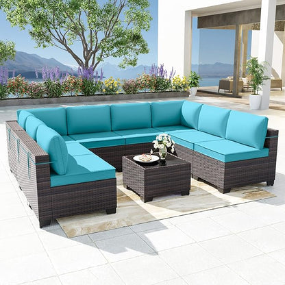 Patio Furniture Set 9-Pieces Outdoor Furniture for Backyard Wicker Sectional Sofa Set, Rattan Patio Conversation Set with Thickened Cushions and Glass Coffee Table, Turquoise