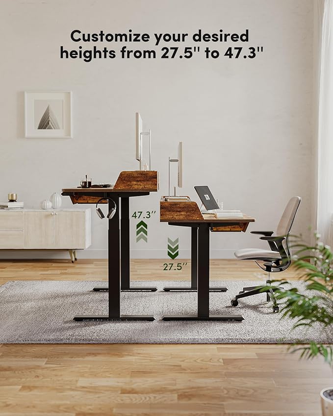 BANTI Height Adjustable Electric Standing Desk with Three Drawers, 48 x 25 Inch Table with Storage Shelf, Sit Stand Desk with Storage Space, Splice Board with Black Frame/Rustic Brown Top