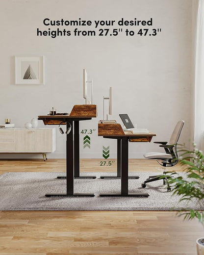 BANTI Height Adjustable Electric Standing Desk with Three Drawers, 48 x 25 Inch Table with Storage Shelf, Sit Stand Desk with Storage Space, Splice Board with Black Frame/Rustic Brown Top