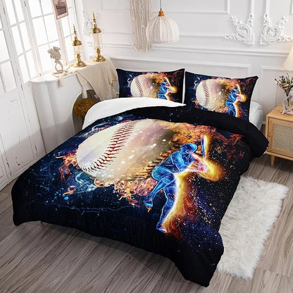Axolotl 3D Baseball Comforter Set Full,Sports Bedding,Red Blue Water Fire Comforter Set,Sports Baseball Loveer Bedding Set,Sport Game Comforter for Kids Boys Teens Adults,1 Quilt 2 Pillowcases
