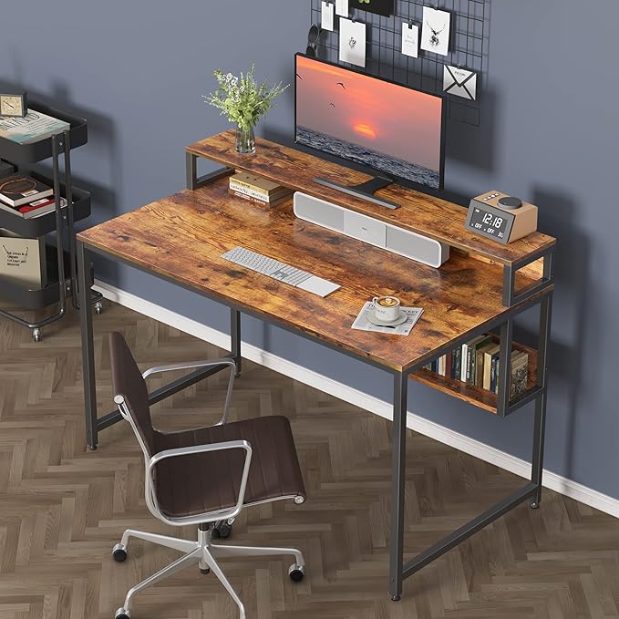 BANTI Computer Home Office Desk, 47" Small Desk Table with Storage Shelf and Bookshelf, Study Writing Table Modern Simple Style Space Saving Design, Black