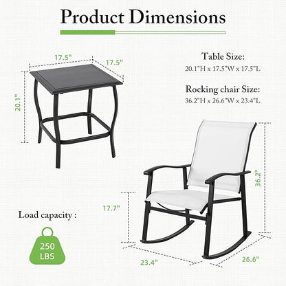 Shintenchi 3 Piece Rocking Bistro Set, Outdoor Furniture with Rocker Chairs and Glass coffee table set of 3, Balcony, Porch Furniture for Small Space, White