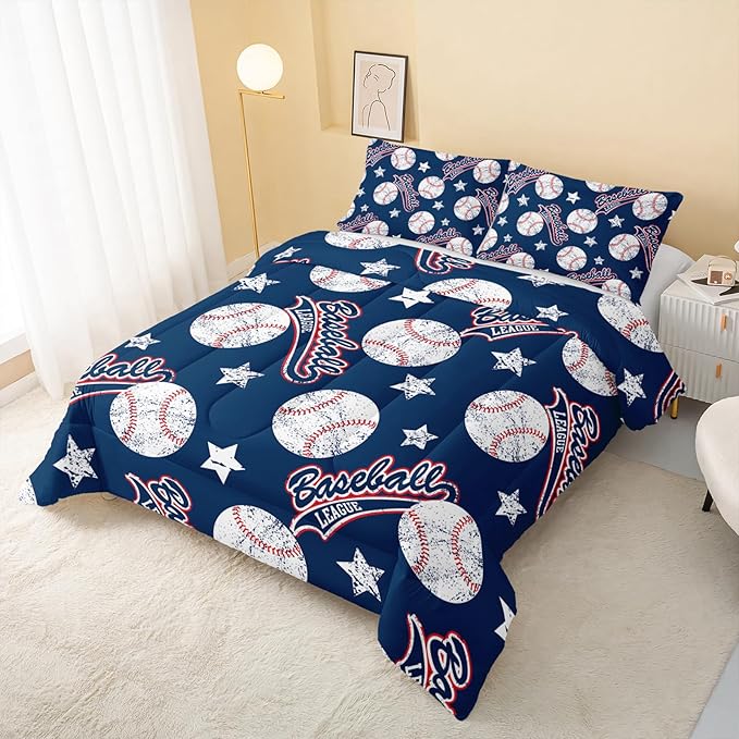 3D Baseballs Comforter King Size,Blue Baseball Kids Comforter Set,3Pcs Bedding Set Printed Comforter with 2 Pillowcases,Down Alternative,Soft and Lightweight,for All Seasons