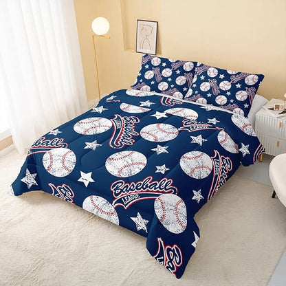 3D Baseballs Comforter King Size,Blue Baseball Kids Comforter Set,3Pcs Bedding Set Printed Comforter with 2 Pillowcases,Down Alternative,Soft and Lightweight,for All Seasons