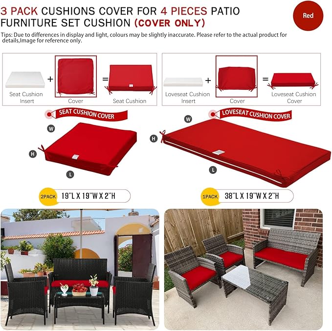 ClawsCover 3Pack Outdoor Seat Cushions Replacement Covers Fit for 4 Pieces Wicker Rattan Furniture Patio Conversation Set Loveseat Chair,38x19x2,19x19x2,Red-Large (Include Cover Only)