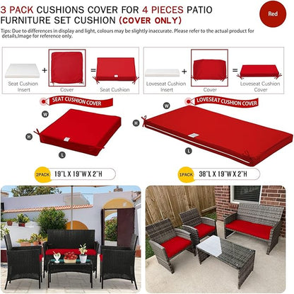 ClawsCover 3Pack Outdoor Seat Cushions Replacement Covers Fit for 4 Pieces Wicker Rattan Furniture Patio Conversation Set Loveseat Chair,38x19x2,19x19x2,Red-Large (Include Cover Only)