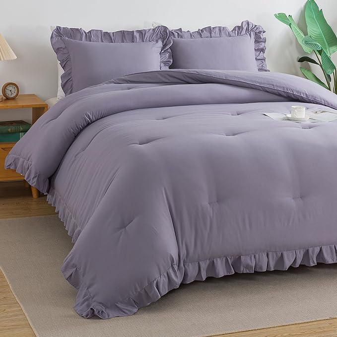 Andency Greyish Lavender Purple Full Size Comforter Set, 3 Pieces(1 Ruffle Comforter and 2 Pillowcases) Lightweight Fluffy Bedding Comforter Sets Full Bed, All Season Soft Microfiber Bedding Set