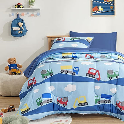 SLEEP ZONE Full/Queen Size Comforter Set for Children, Durable Jersey Knitted Bedding for All Seasons with 1 Comforter(66"x90"), 2 Pillow Cases(20"x26") (Bulldozers,Full/Queen)