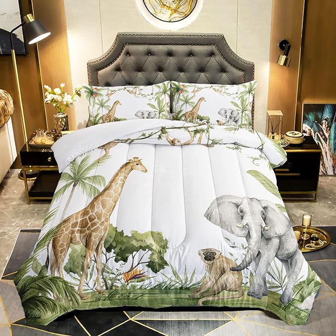 Elephant Giraffe Monkeys Comforter Full Size,Wild Animals Kids Comforter Set,3Pcs Bedding Set Printed Comforter with 2 Pillowcases,Down Alternative,Soft and Lightweight,for All Seasons