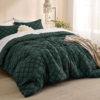 Bedsure Full Size Comforter Set - Dark Emerald Green Comforter, Forest Green Boho Tufted Shabby Chic Bedding Comforter Set, 3 Pieces Vintage Farmhouse Bed Set with 2 Pillow Shams for All Seasons