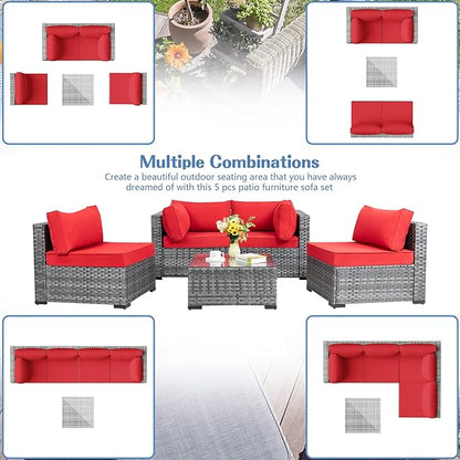 Shintenchi 5 Pieces Outdoor Patio Sectional Sofa Couch, Silver Gray PE Wicker Furniture Conversation Sets with Washable Cushions & Glass Coffee Table for Garden, Poolside, Backyard (Red)