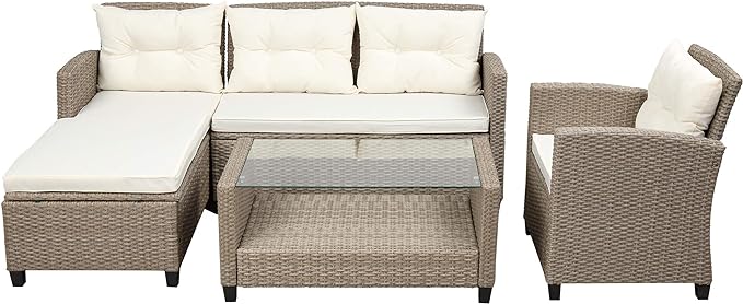 Outdoor Patio Furniture Sets, 4 Piece Rattan Conversation Sofa Wicker Sectional Couch with Chaise Lounge, Single Sofachair, Seat Cushions and Glass Table, for Garden Backyard Deck, Beige