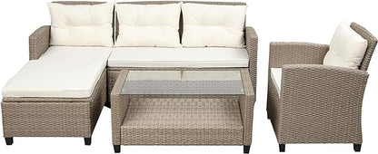 Outdoor Patio Furniture Sets, 4 Piece Rattan Conversation Sofa Wicker Sectional Couch with Chaise Lounge, Single Sofachair, Seat Cushions and Glass Table, for Garden Backyard Deck, Beige