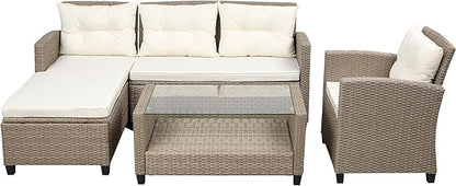 6 Piece Patio Furniture Rattan Outdoor Sectional Conversation Sets, Dining Table Chair with Bench and Cushions for Backyard, Pool, Lawn, O-Beige