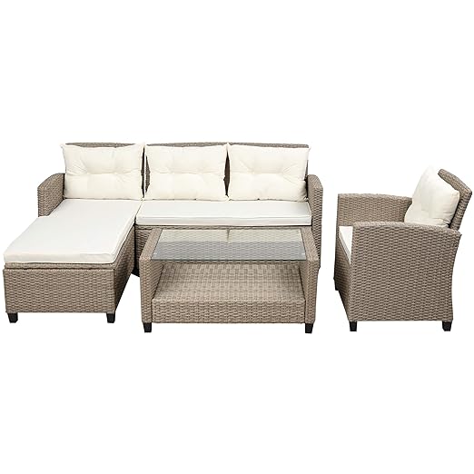 4PCS Patio Furniture Set, Outdoor Wicker Conversation Sectional L-Shaped Sofa with 4 Seater Thickness Coffee Table, for Backyard, Porch, Onesize, E-Beige Cushion+Brown Rattan