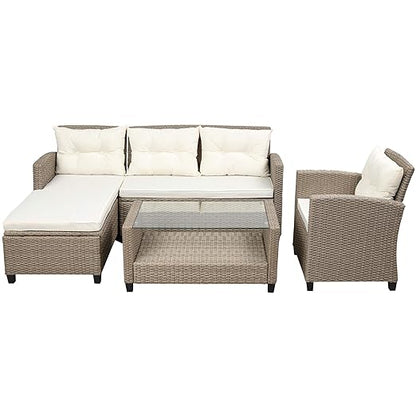 Patio Furniture Sets, 4 Pcs Outdoor Conversation Set All Weather Wicker Ratten Sectional Sofa with 2-Seater Sofá and lounge Couch&Chair, Coffee Table, Seat Cushions, fit for Yard Garden Porch