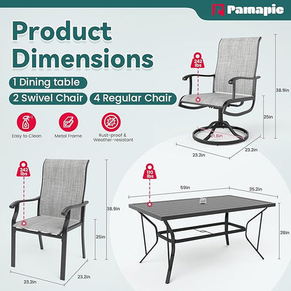 Pamapic 7 Pieces Patio Dining Set, Outdoor Dining Set for Garden Backyard Poolside Deck,Outdoor Table and Chairs Set with 4 Textilene Swivel Chairs ＆ 2 Regular Chairs,Gray