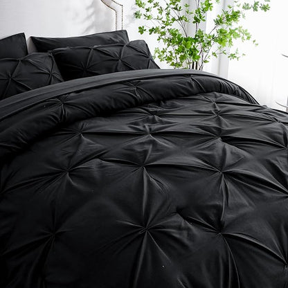 Ubauba 7pc Full Size Comforter Set with Sheets, Pinched Pleat 7 Piece Bed in a Bag Black Bed Set with Comforter, All Season Pintuck Bedding Sets (Black,Full)