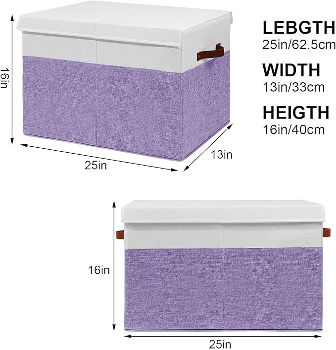 Large Toy Storage Box with Lid, Sturdy Toys Storage Chest Bin Organizer Basket with Dividers for Kids, Boys, Girls, Nursery, Closet, Bedroom, Playroom 25"x13" x16" (Purple and White)