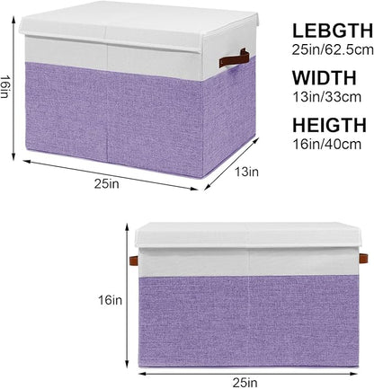 Large Toy Storage Box with Lid, Sturdy Toys Storage Chest Bin Organizer Basket with Dividers for Kids, Boys, Girls, Nursery, Closet, Bedroom, Playroom 25"x13" x16" (Purple and White)