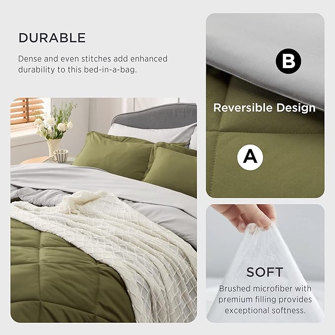 Bedsure Olive Green King Size Comforter Set - 7 Pieces Reversible King Bed in a Bag King Bed Set with Comforters, Sheets, Pillowcases & Shams, King Bedding Sets